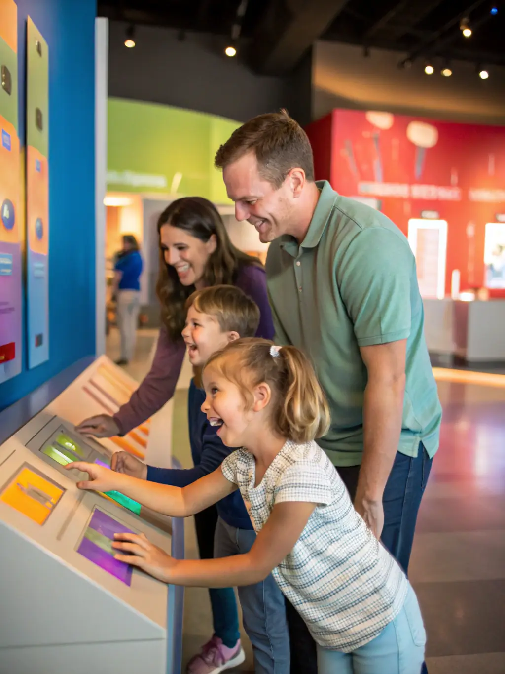 A family interacting with a large, colorful interactive exhibit featuring plasma globes, fiber optics, and hands-on displays about the history of lighting technology.