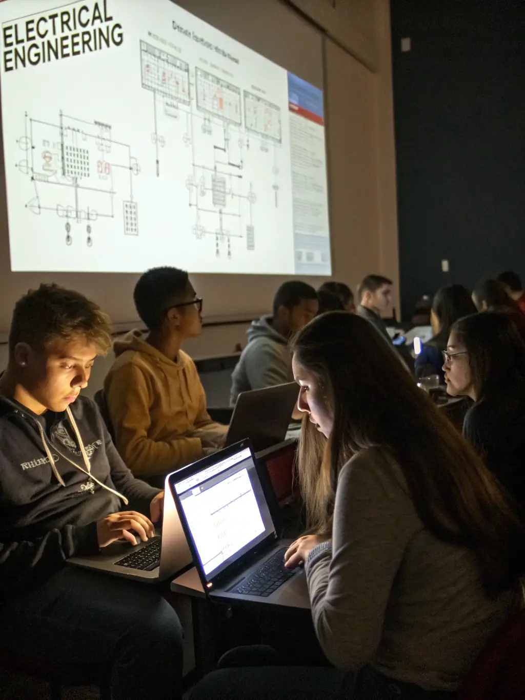 A group of teenagers and adults attentively listening to a lecturer in a modern classroom, with diagrams of light waves and electrical systems projected on a screen.