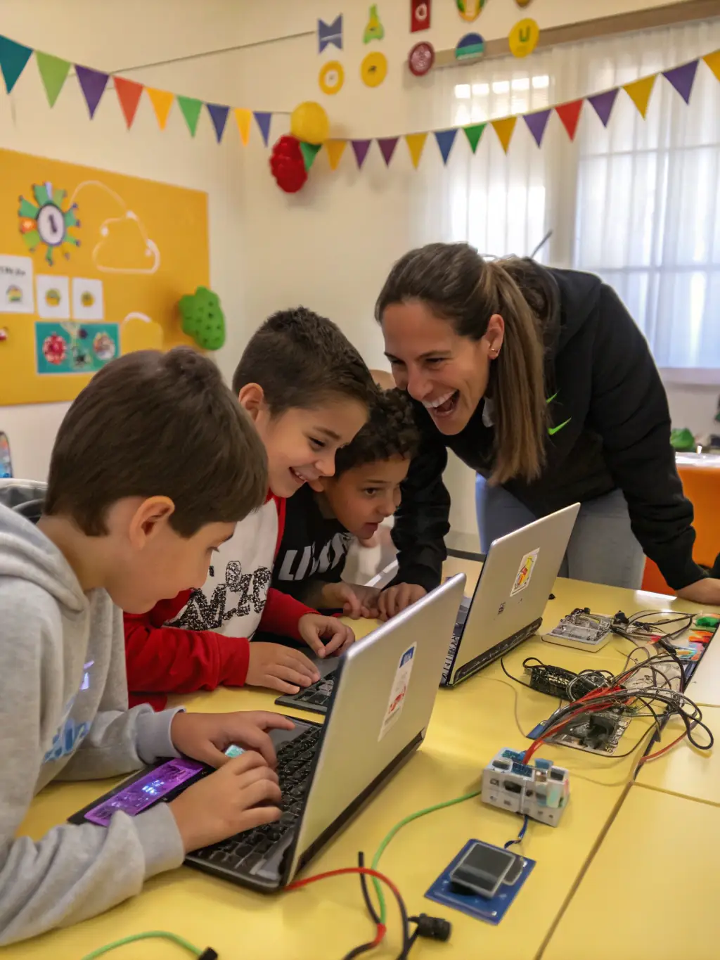 A photograph depicting children participating in a hands-on electricity workshop at the ACEL museum, showcasing them building simple circuits with guidance from instructors.