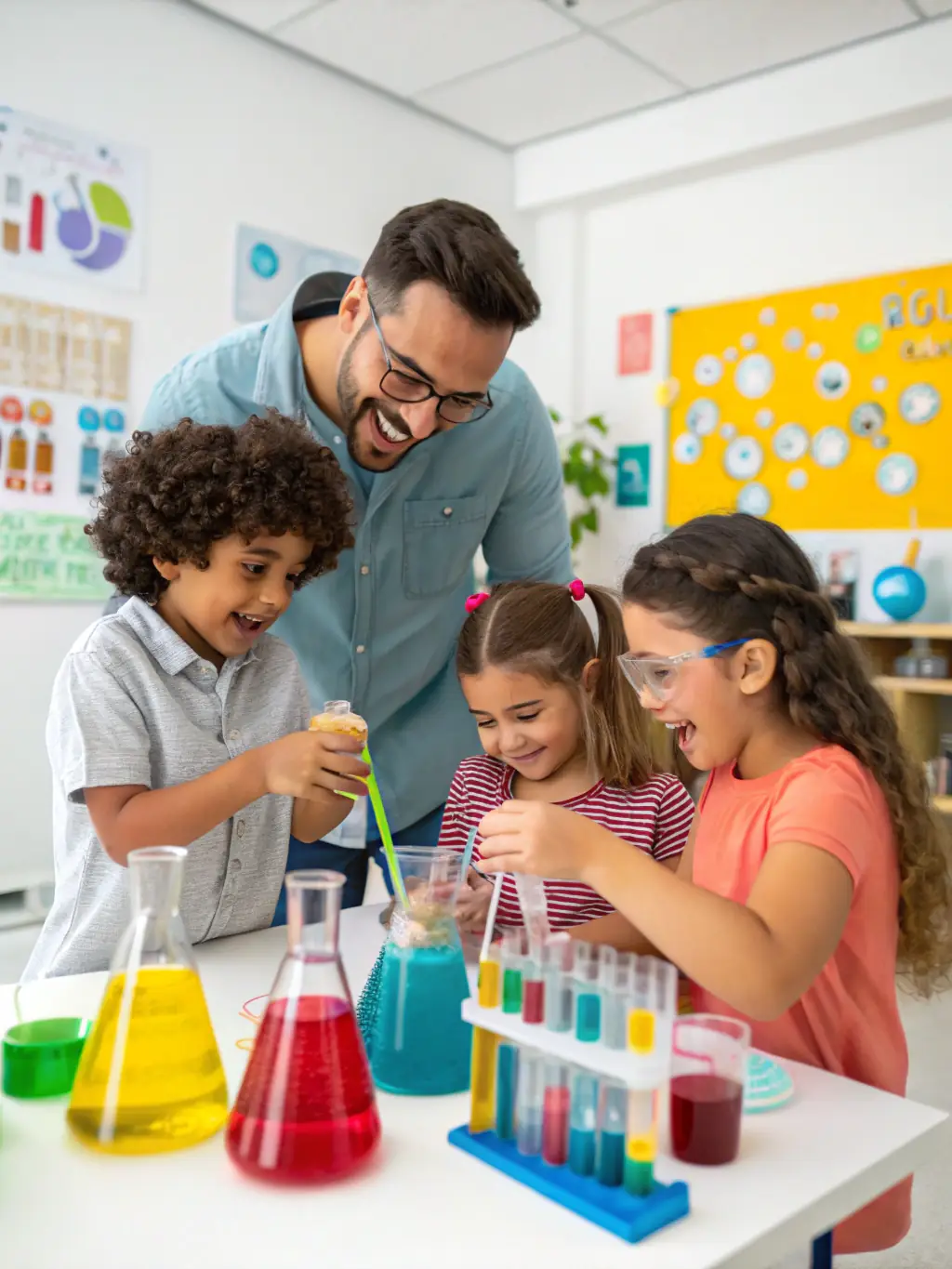 A vibrant scene of children and adults gathered around a table, conducting hands-on experiments with electrical circuits and glowing light bulbs, in a bright, interactive museum setting.
