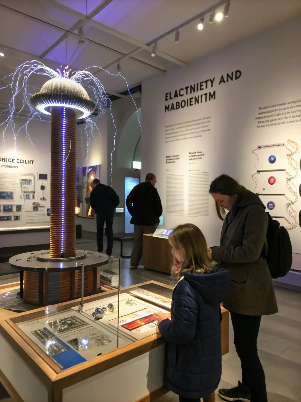An image of visitors exploring an exhibit at the ACEL museum, featuring interactive displays about electromagnetism and the principles of electric power generation.