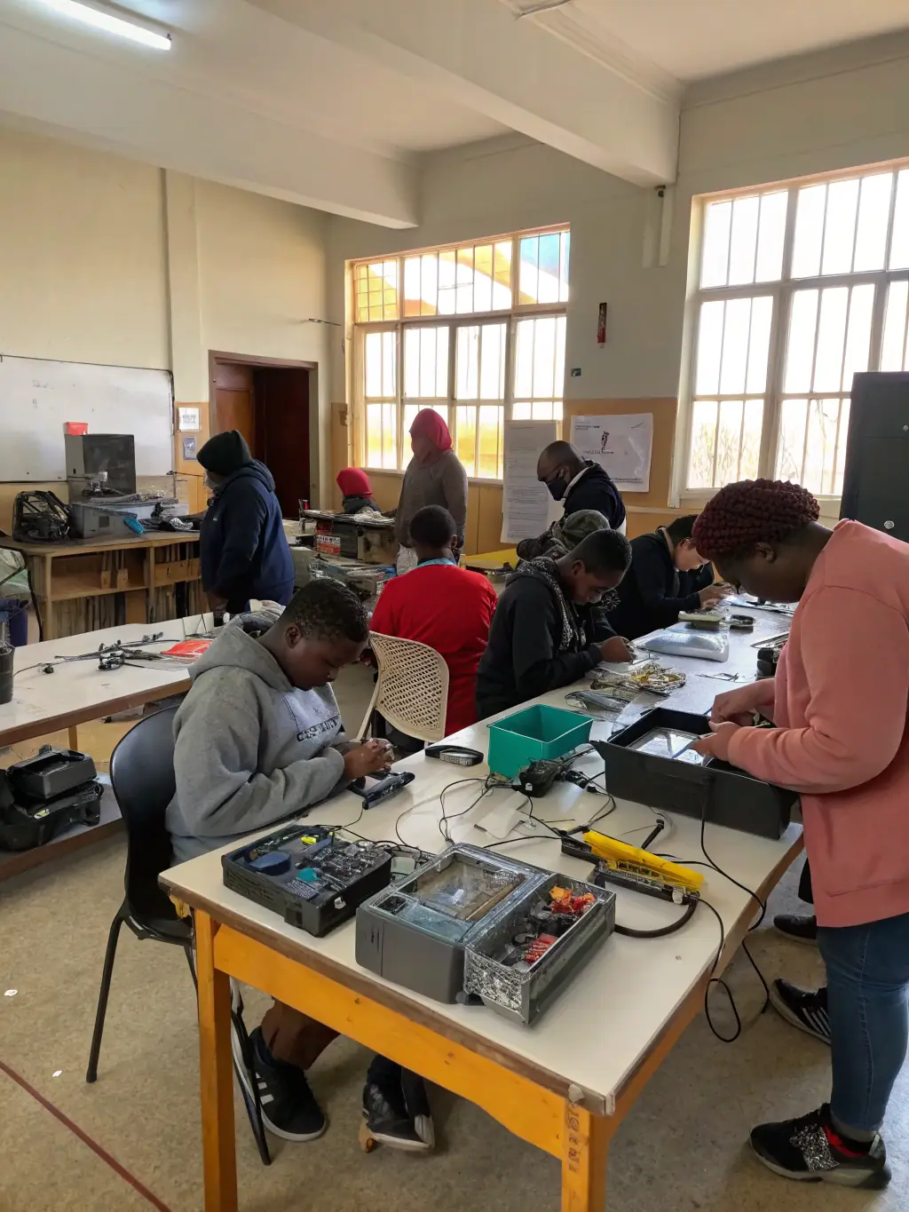 A diverse group of community members collaborating on a creative project, assembling simple solar-powered devices under the guidance of a facilitator in a welcoming workshop space.